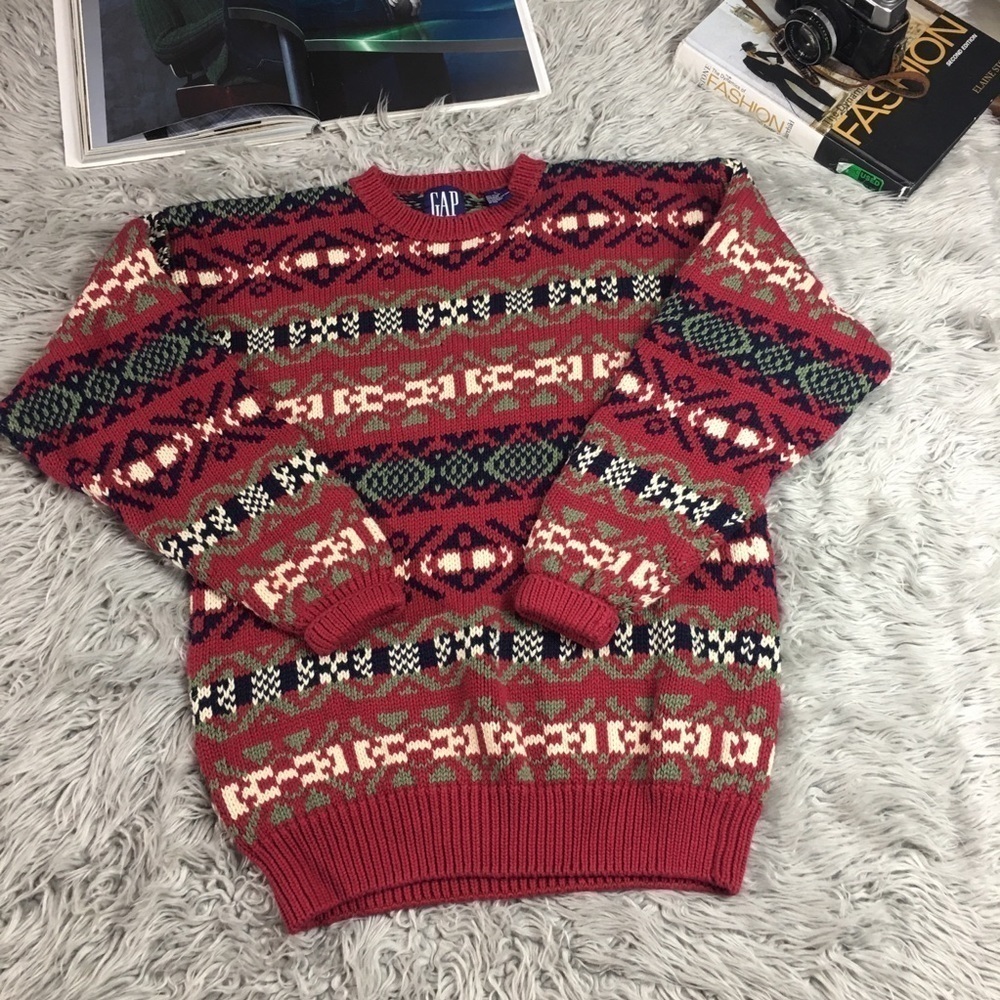 Vintage 90s GAP Fair Isle Cotton Sweater Red Chunky Knit Nordic Men’s L